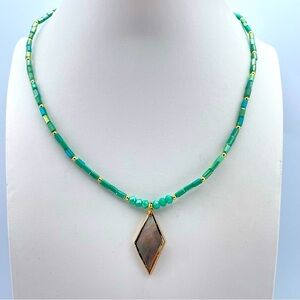 Beautiful Jane Marie Green Beaded Necklace w/ Mother of Pearl Diamond Pendant